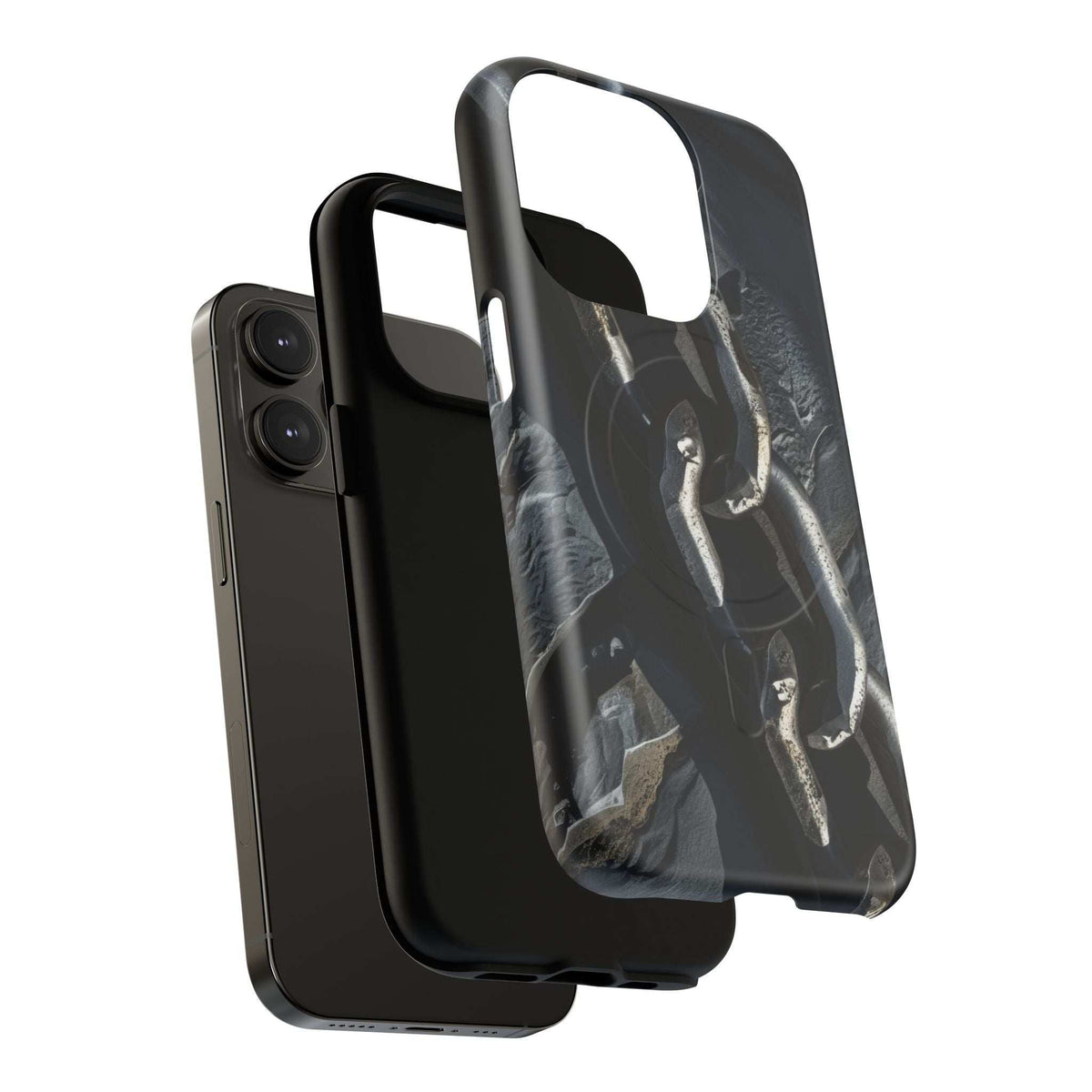 Protective phone case with dark border and transparent back; metallic chain design in center.