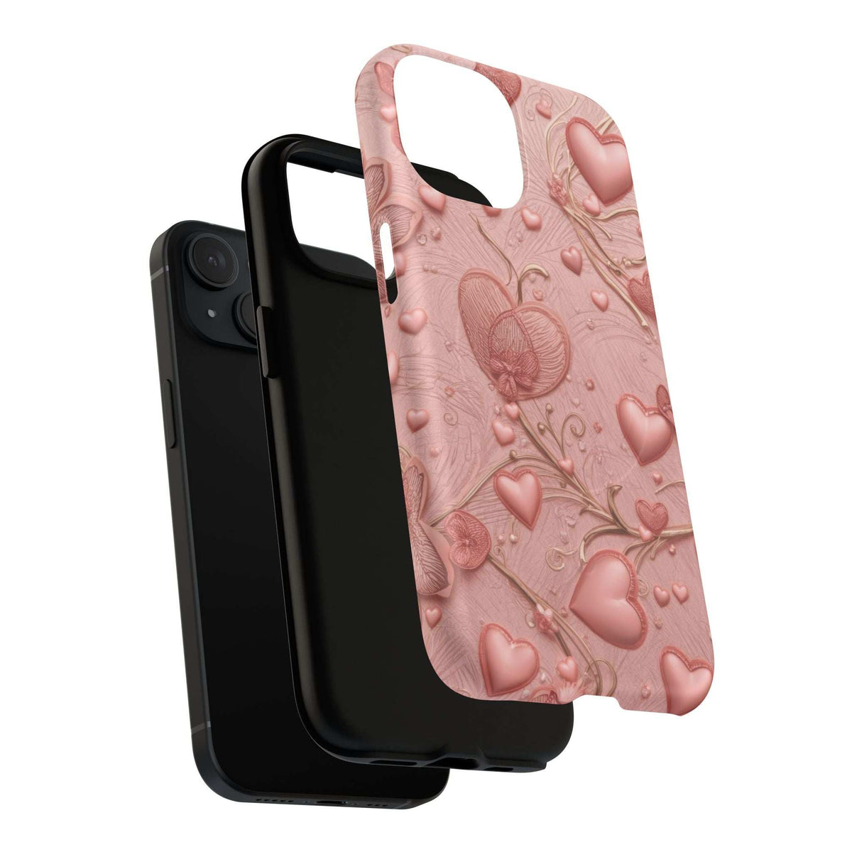 iPhone 13-17 case shown from side/back, pink heart embossed pattern and camera openings