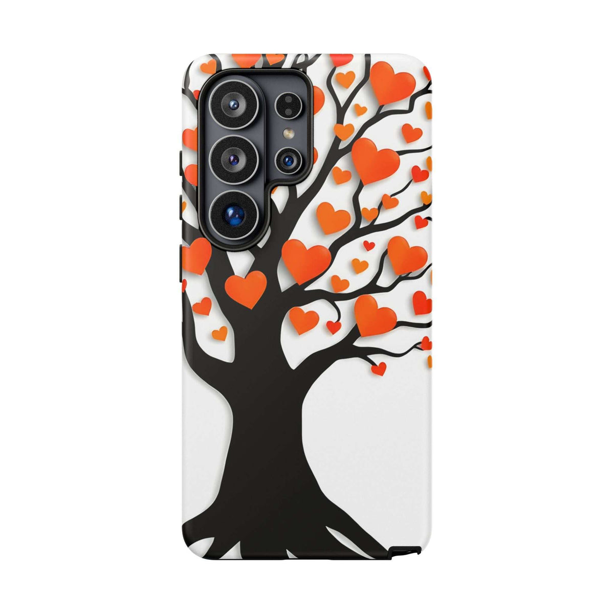 Heart tree phone case with orange hearts and white branches, cutouts for four cameras