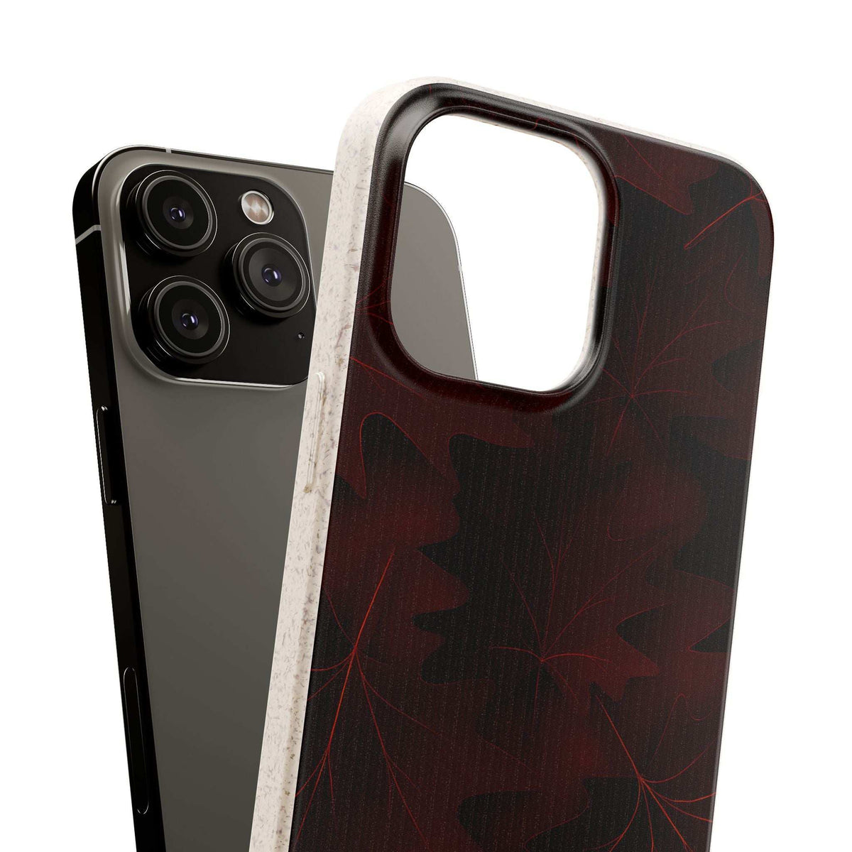 Burgundy autumn leaf phone case with camera opening and grippy textured edge