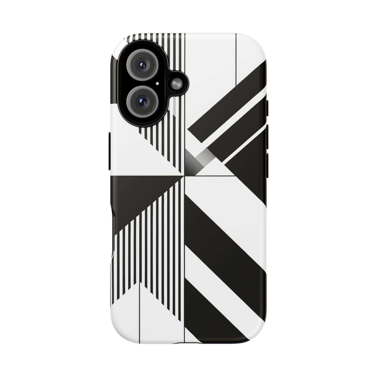 Tough phone case with monochrome geometric design and precise camera cutouts