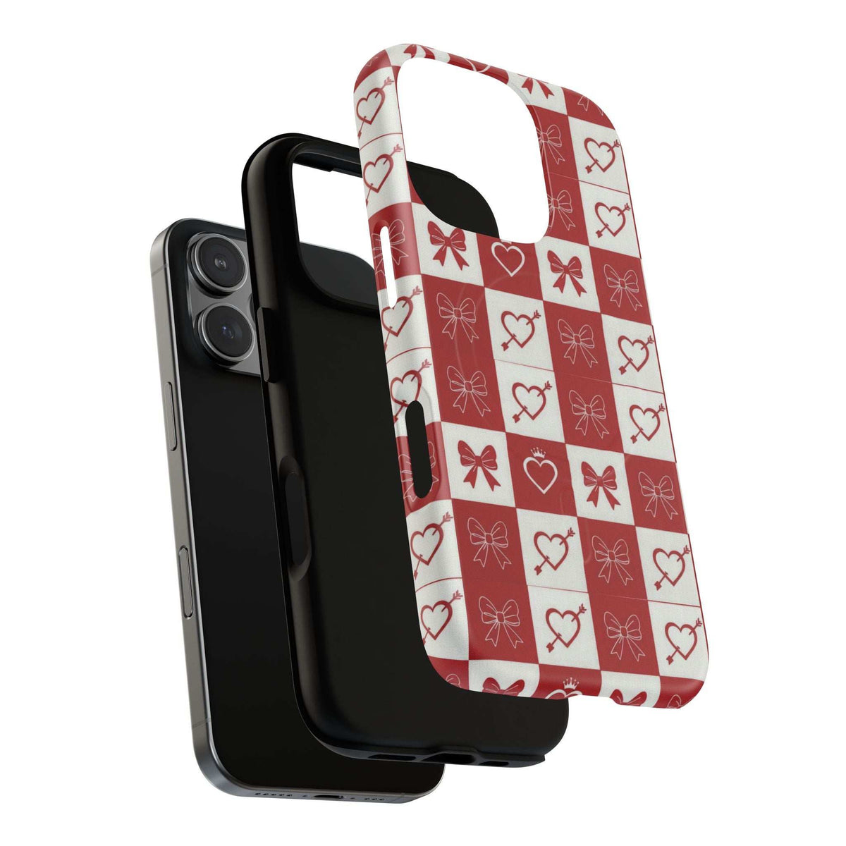 Red-and-white patterned phone case with checkered heart and bow design; slim profile.