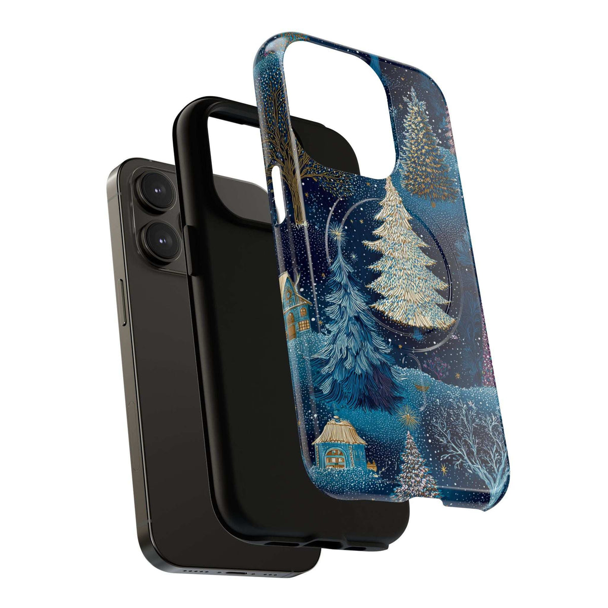 Glossy blue phone case with gold evergreen tree and small lantern scene, blue feather accents
