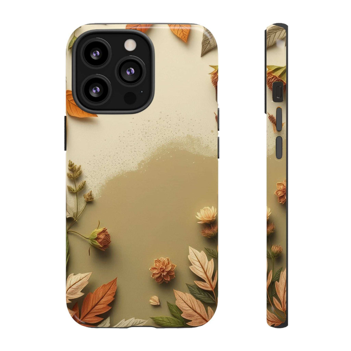 Autumn leaves phone case with beige design, orange and green leaf accents, camera cutout details