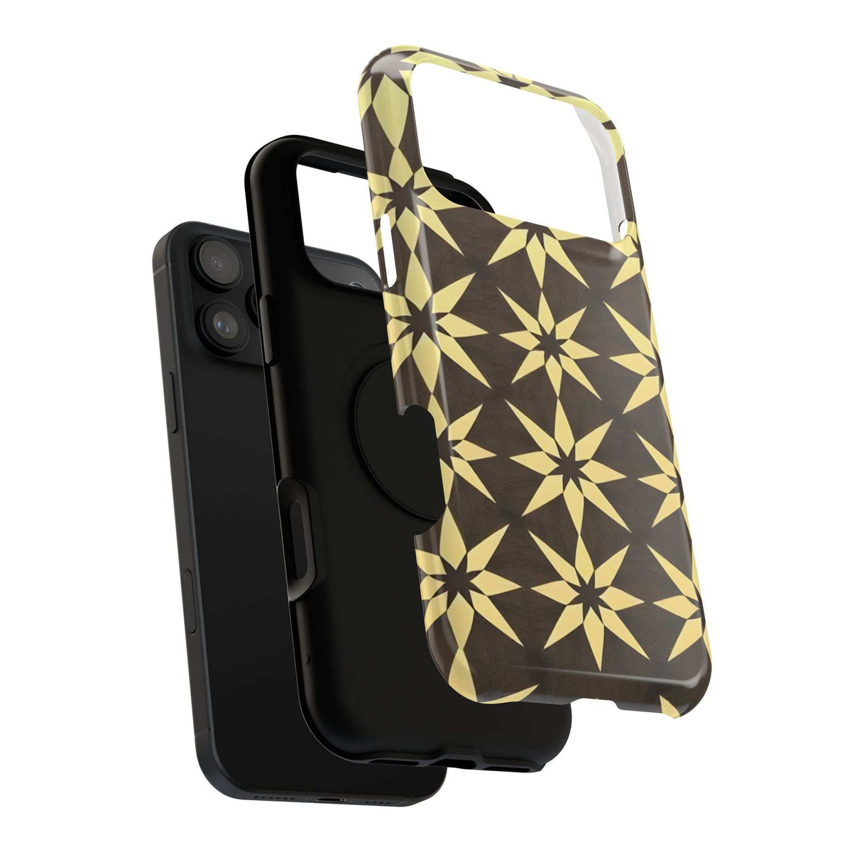 Phone case with gold star pattern on dark shell; side bumper and camera openings
