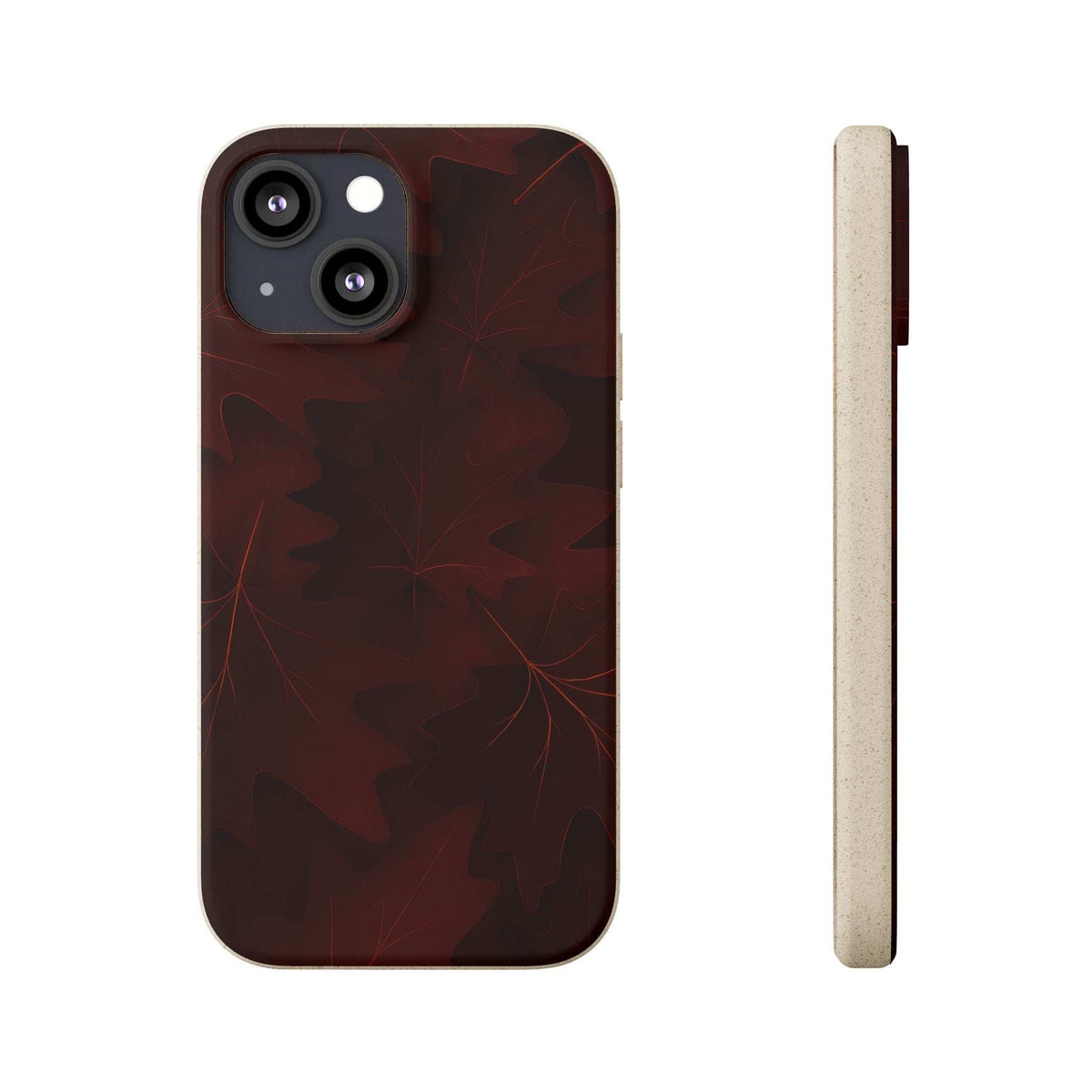 Dark red phone case with autumn leaf pattern, cutouts for triple camera lenses