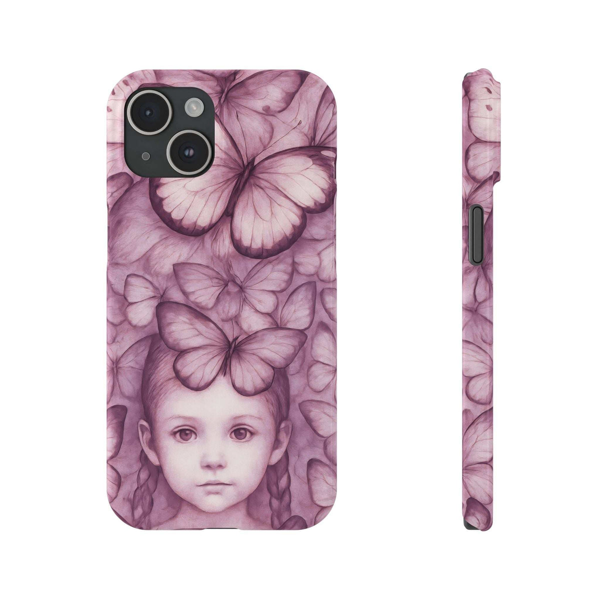 Purple phone case with butterfly pattern and young girl face; camera cutouts on back.