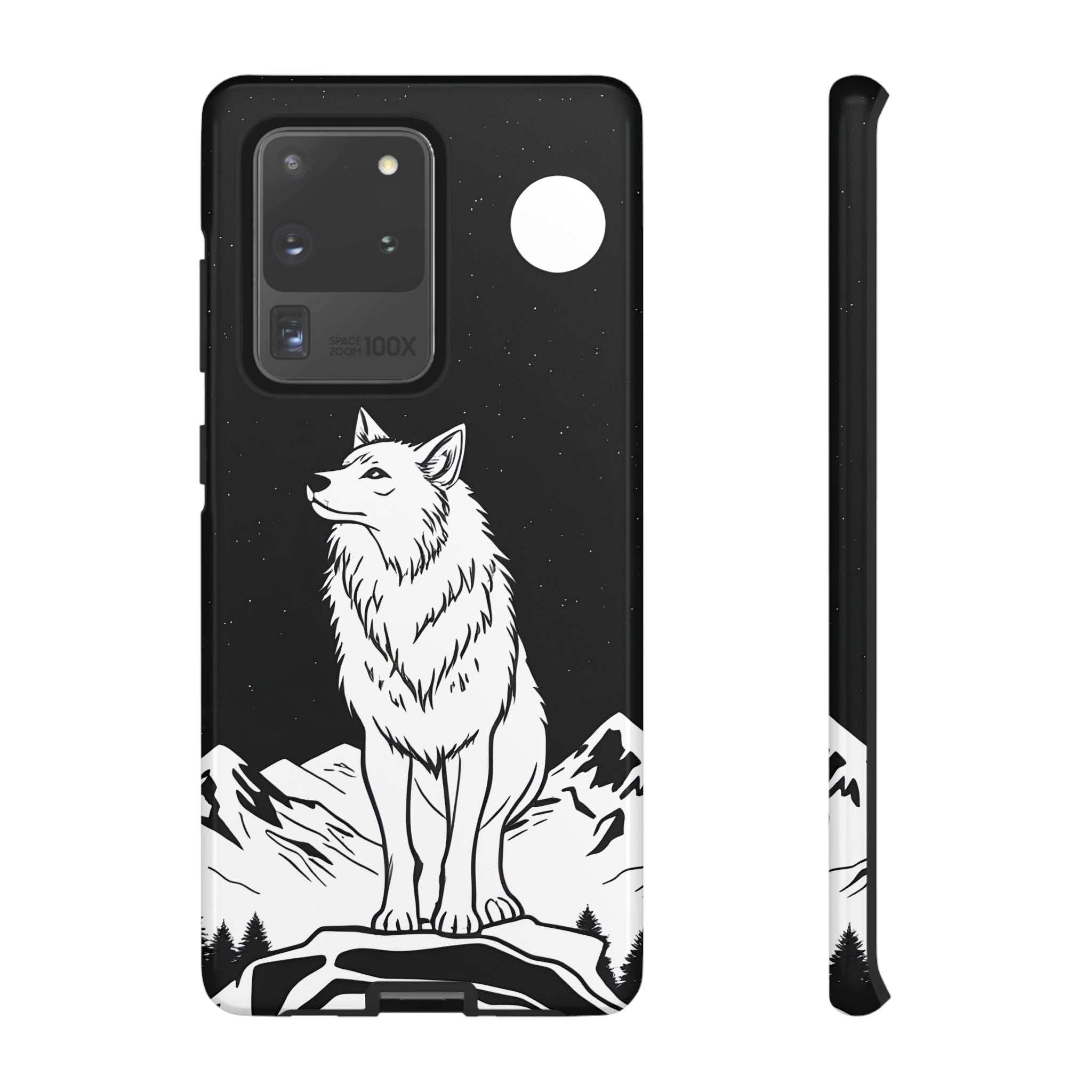 Black phone case with white wolf graphic, shown with separate side guard piece
