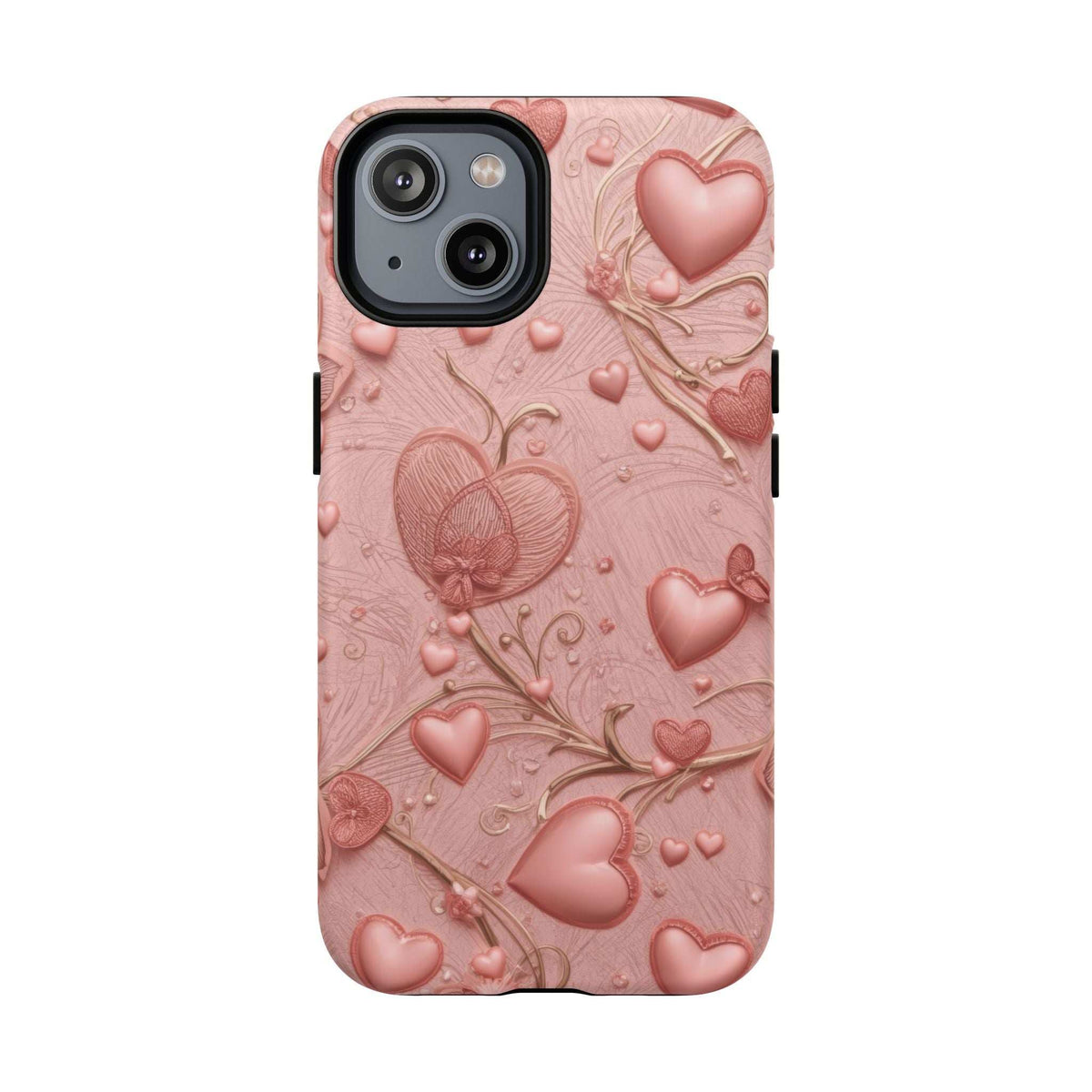 Pink phone case for iPhone with raised hearts and floral design; dual-lens camera cutout