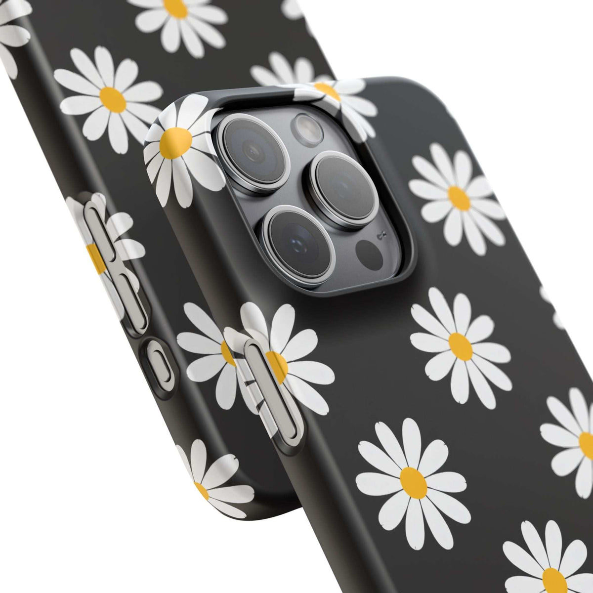 Daisy charm phone case with black design, white daisies and yellow centers, camera module openings.