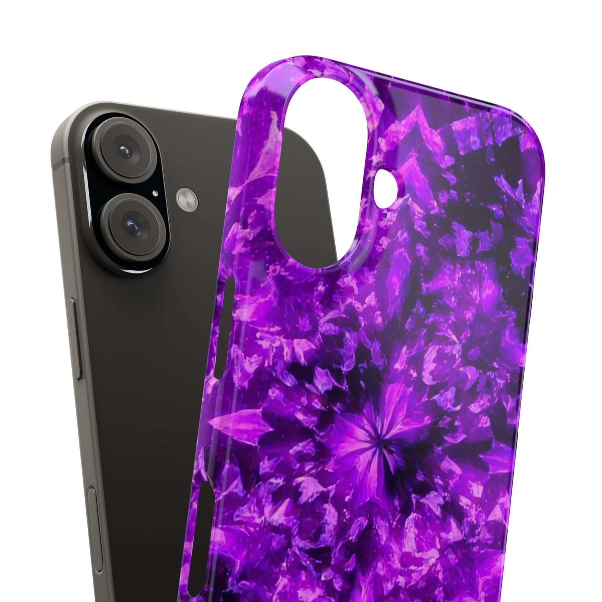 Purple kaleidoscope phone case with large camera cutout and open button access