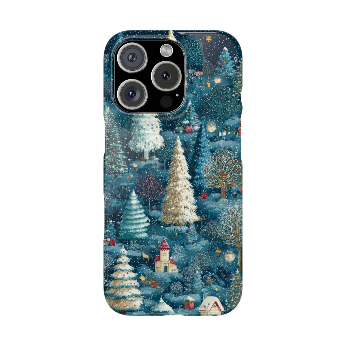 Blue winter forest phone case with snowy evergreen trees and camera cutouts