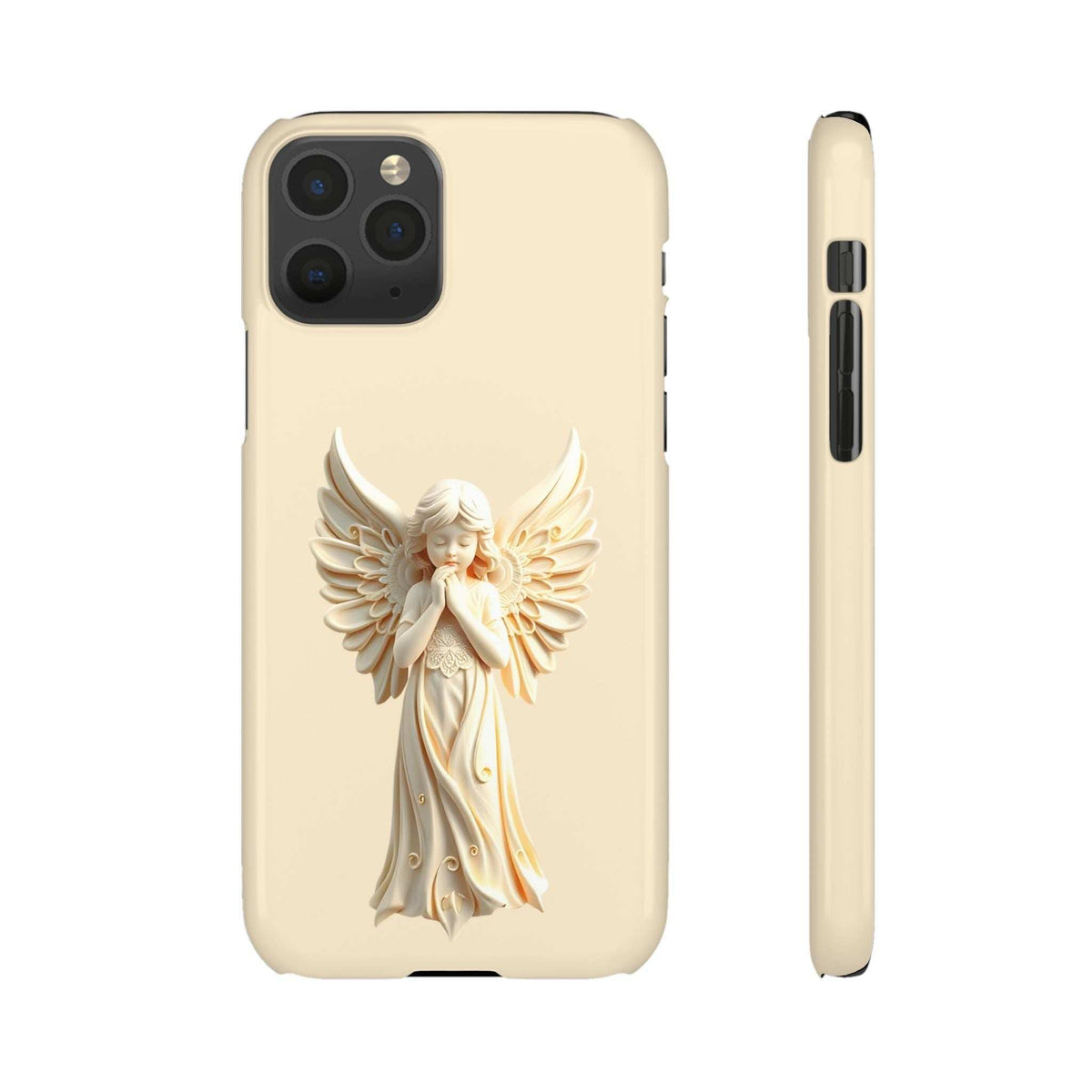 Light beige phone case with angel figure on front and side view