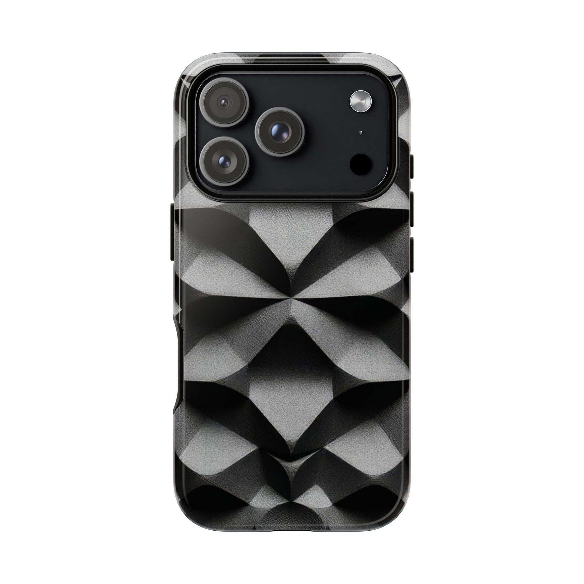 Tough phone case with black back and gray geometric facets, camera lenses visible
