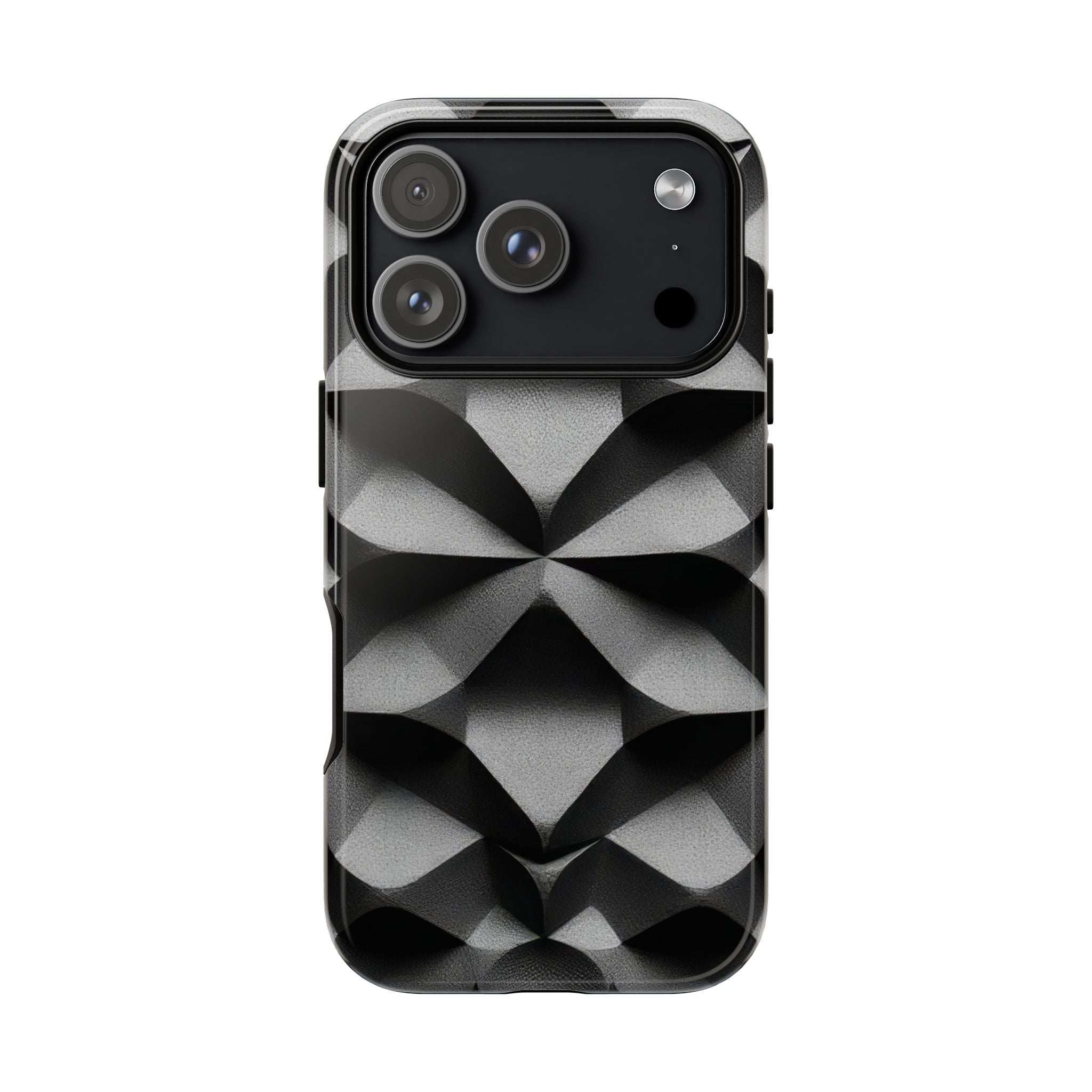 Tough phone case with black back and gray geometric facets, camera lenses visible