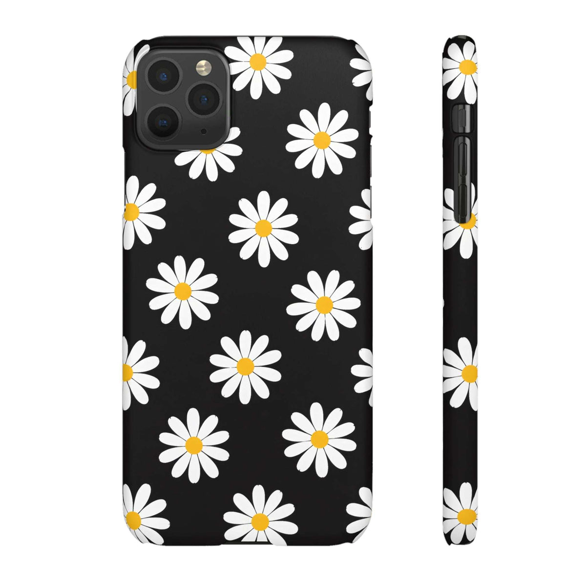 Black daisy-pattern phone case with white flowers and yellow centers; back and side shown.