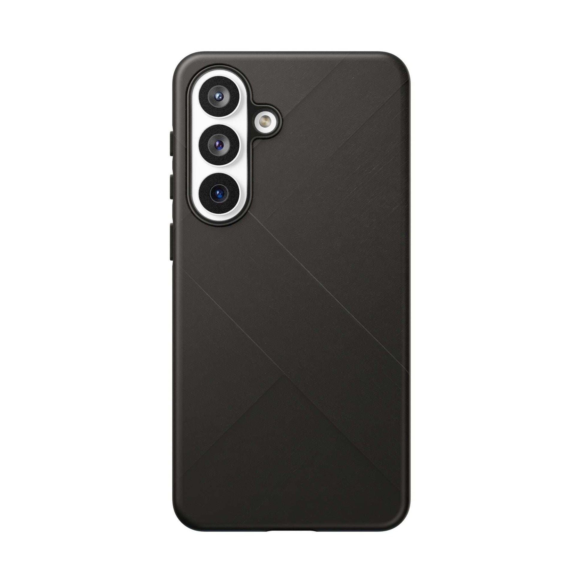 Matte black phone case with diagonal line texture and cutouts for triple cameras