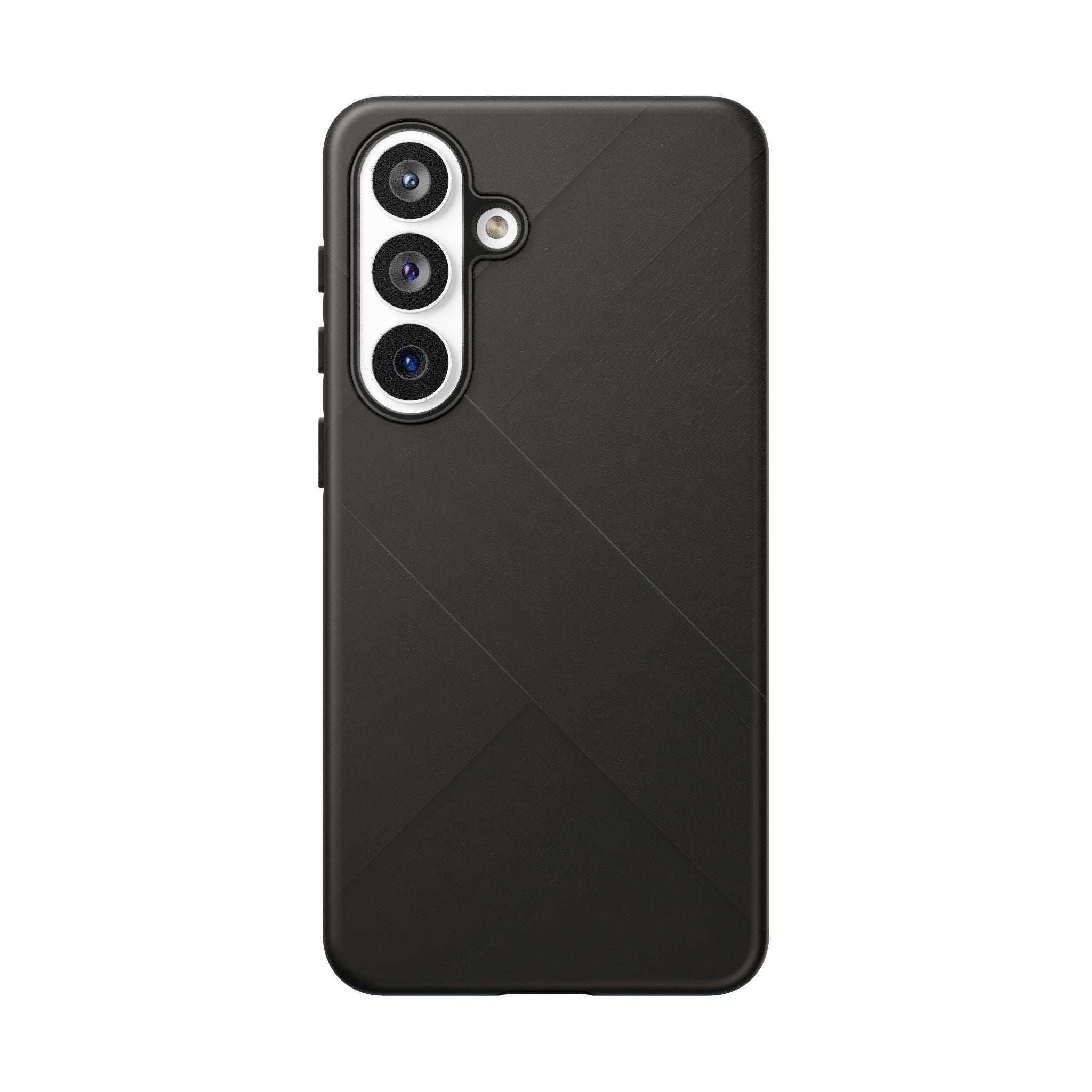 Matte black phone case with diagonal line texture and cutouts for triple cameras