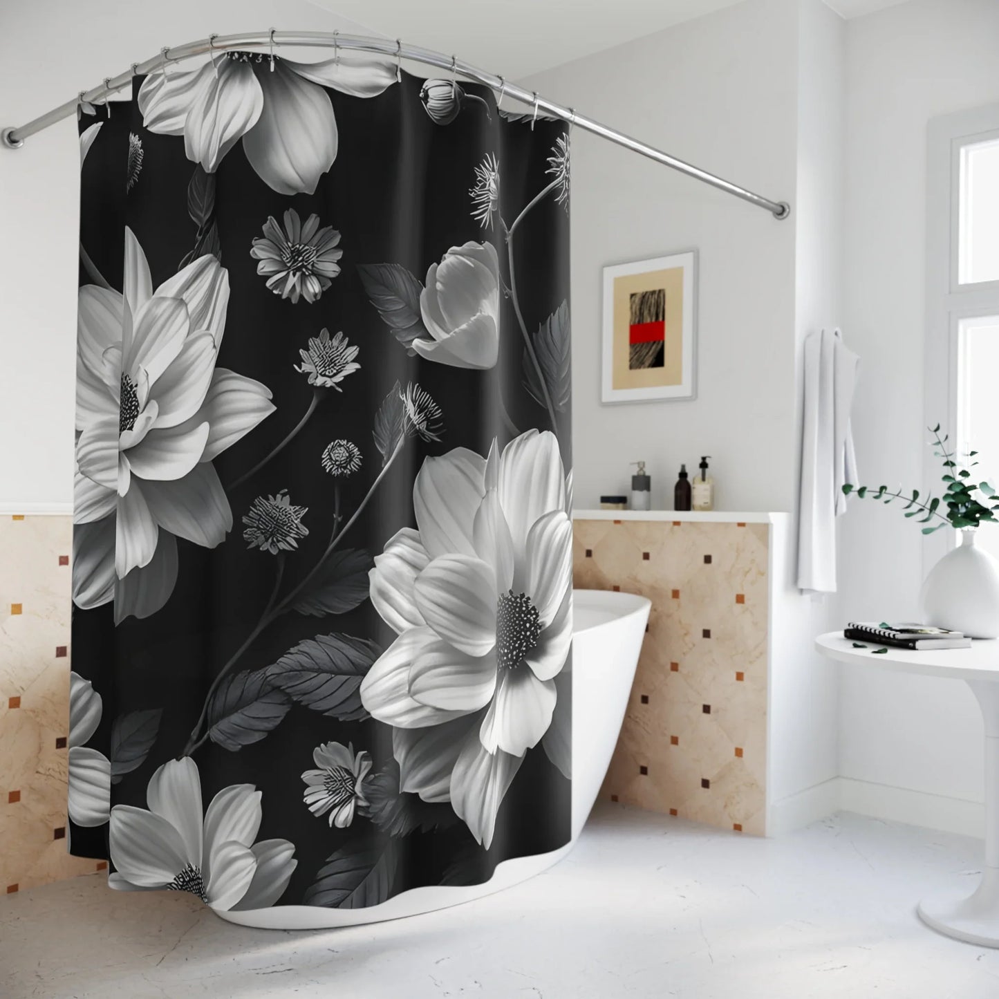 Elegant Floral Shower Curtain Timeless Black & White Bathroom Decor - KarArmDesign