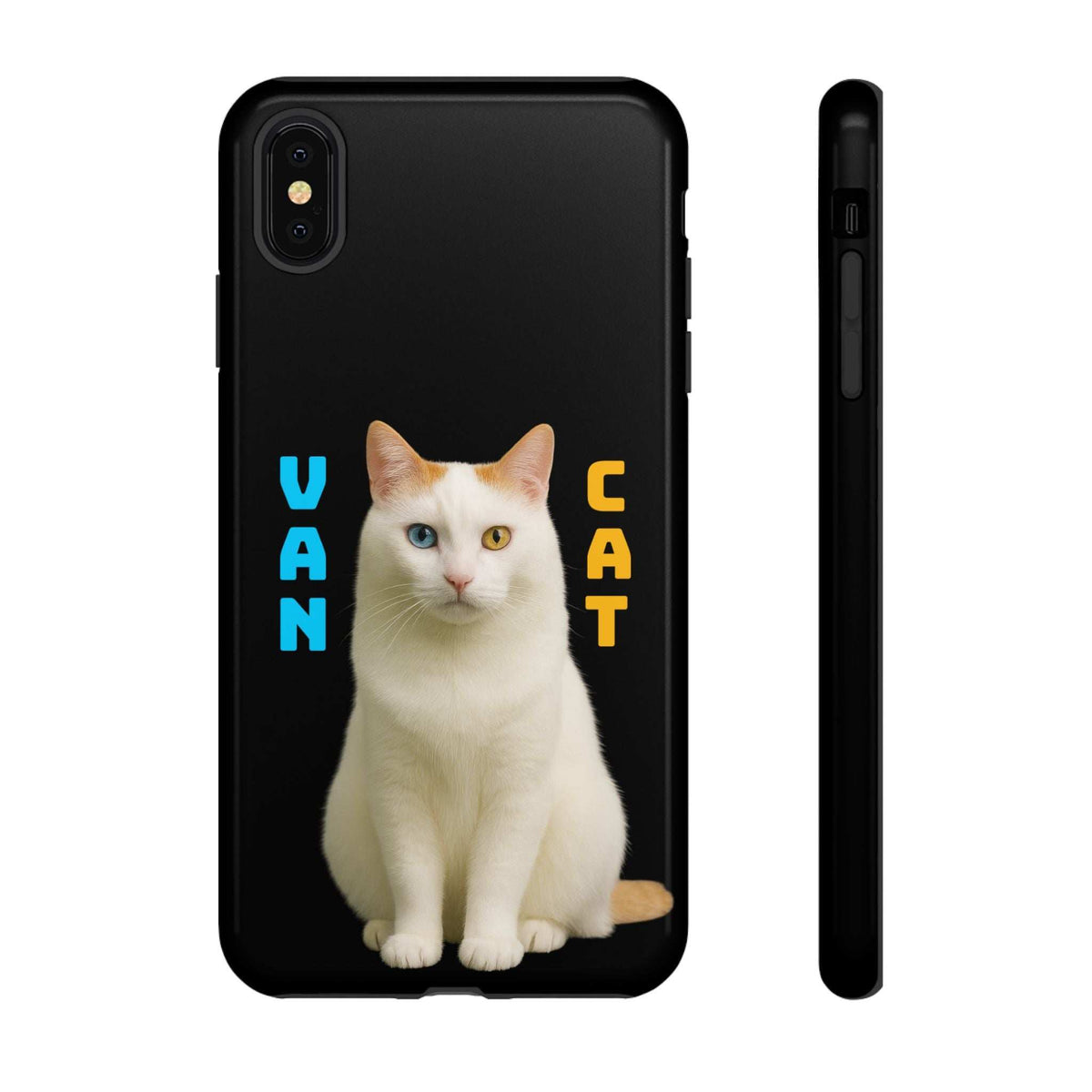 Black glossy phone case featuring a white cat illustration with camera cutout