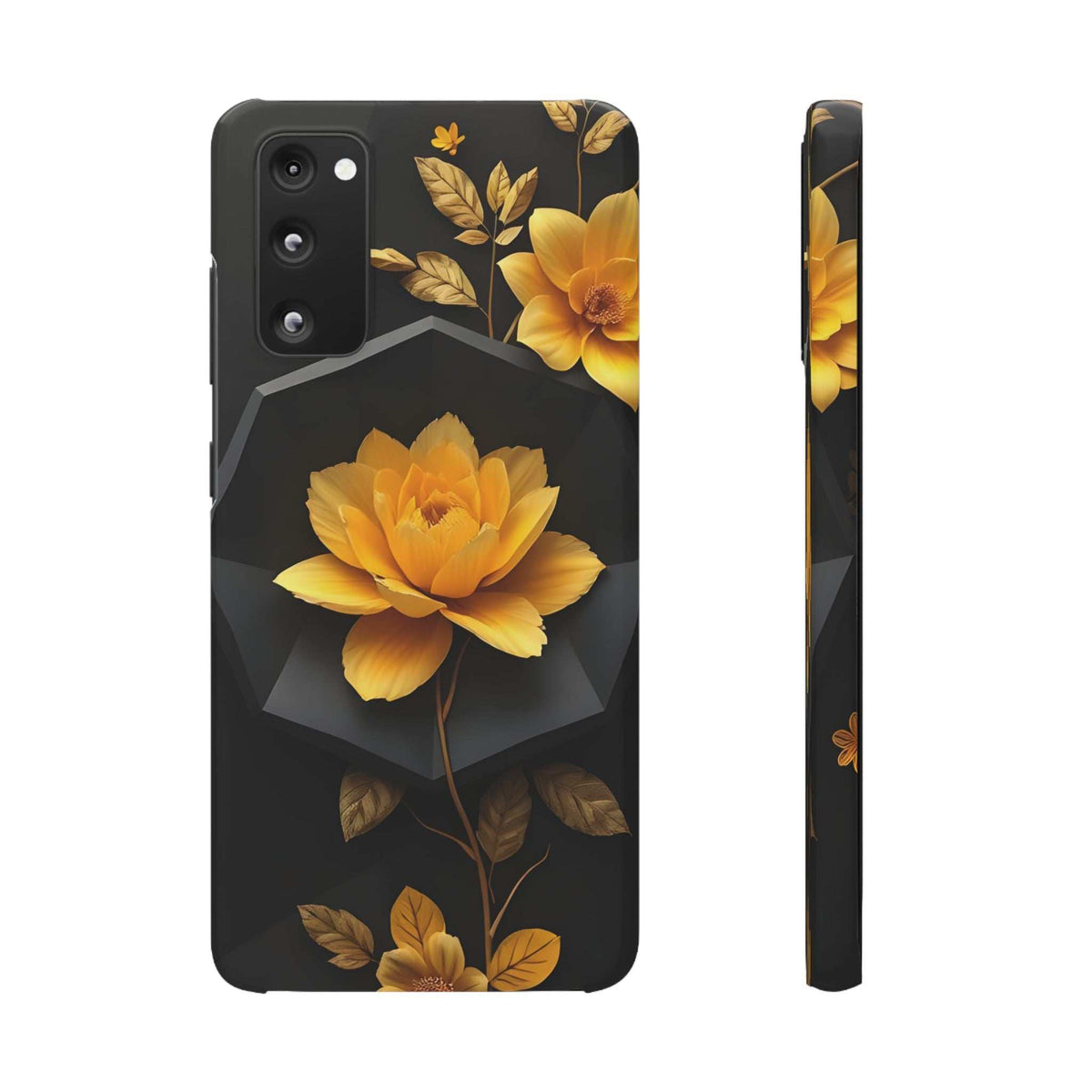 Black phone case with yellow flower and leaves on back, side profile displayed.
