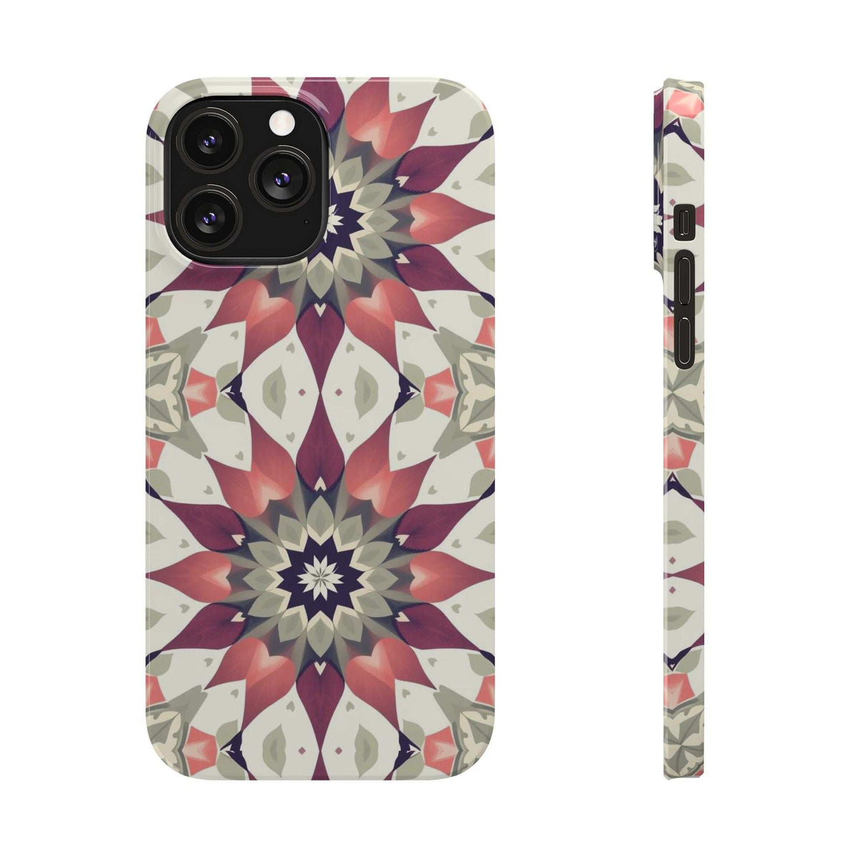 iPhone phone case back view with burgundy mandala flower and side openings
