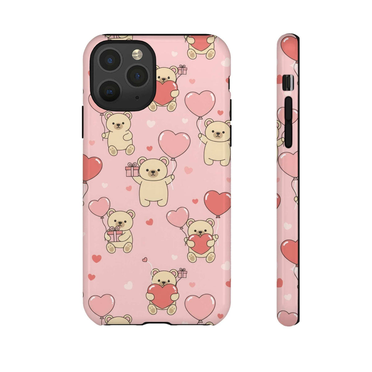 Pink phone case front and side view featuring teddy bears, hearts, and camera cutout