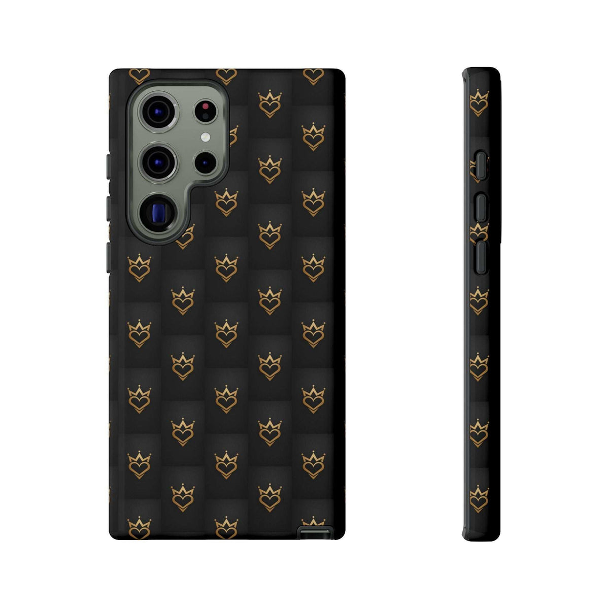Glossy black phone case with crowned heart doodle pattern, camera cutouts and side profile