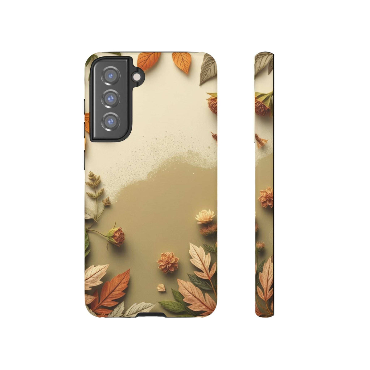 Phone case with fall leaves pattern and slim side profile, featuring rear camera cutouts