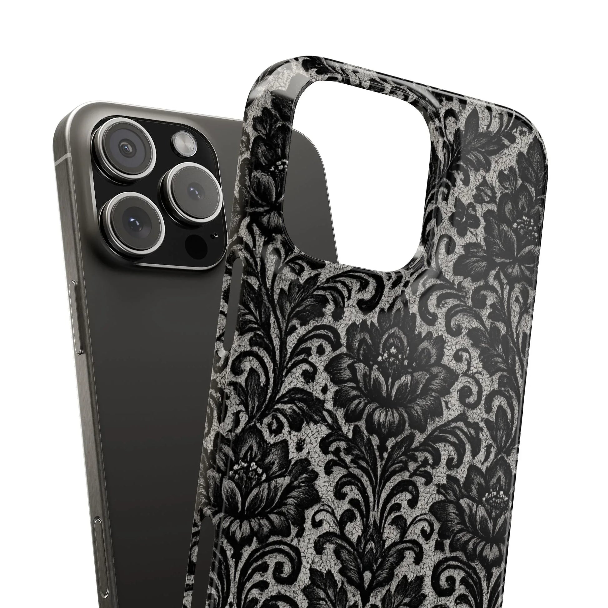 Black Damask Floral Phone Case for iPhone 11-17 and Galaxy S20-S25 - KARARMDESIGN