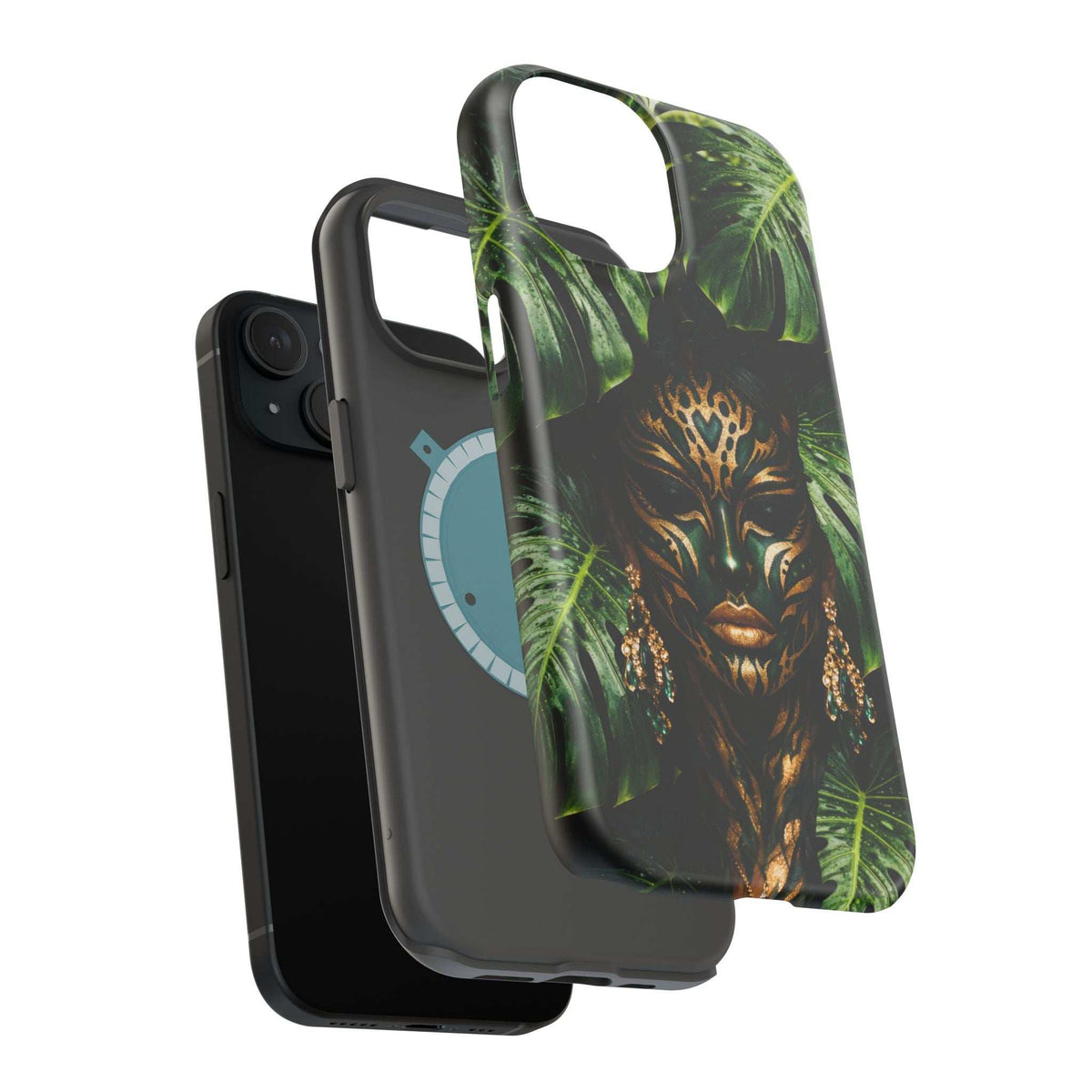 Jungle spirit phone case for iPhone 13-17 angled, featuring jungle leaves and gold lion face.