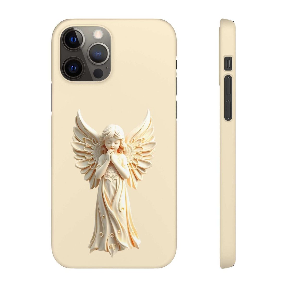 Beige phone case with angel figure design and quad camera cutouts, side view