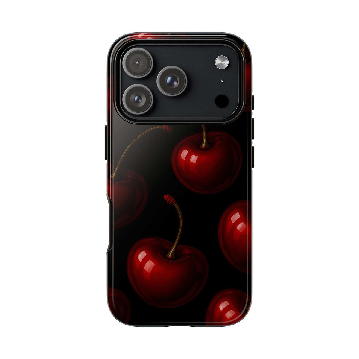 Glossy red cherry print phone case with dual camera cluster cutout and button slots
