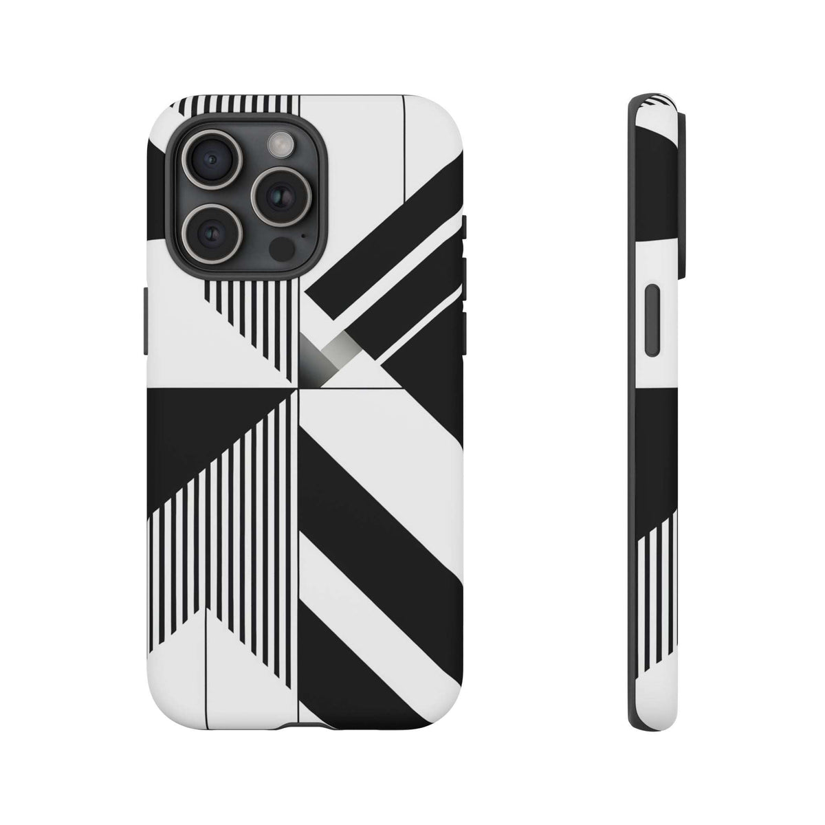 Tough phone case with black-and-white geometric pattern and raised rear camera lenses