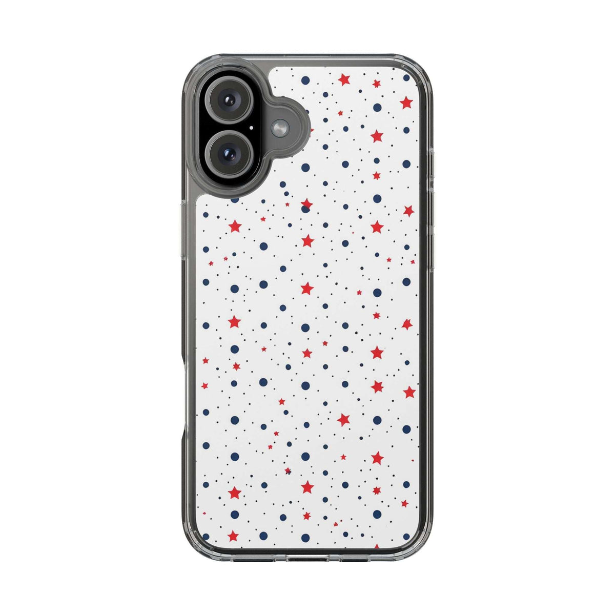 Clear phone case featuring red stars and blue polka dots on white; camera lens cutout