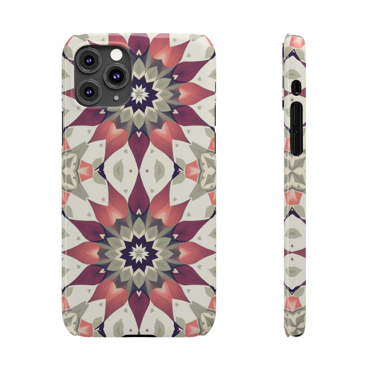 iPhone phone case with burgundy mandala flower design and camera cutouts