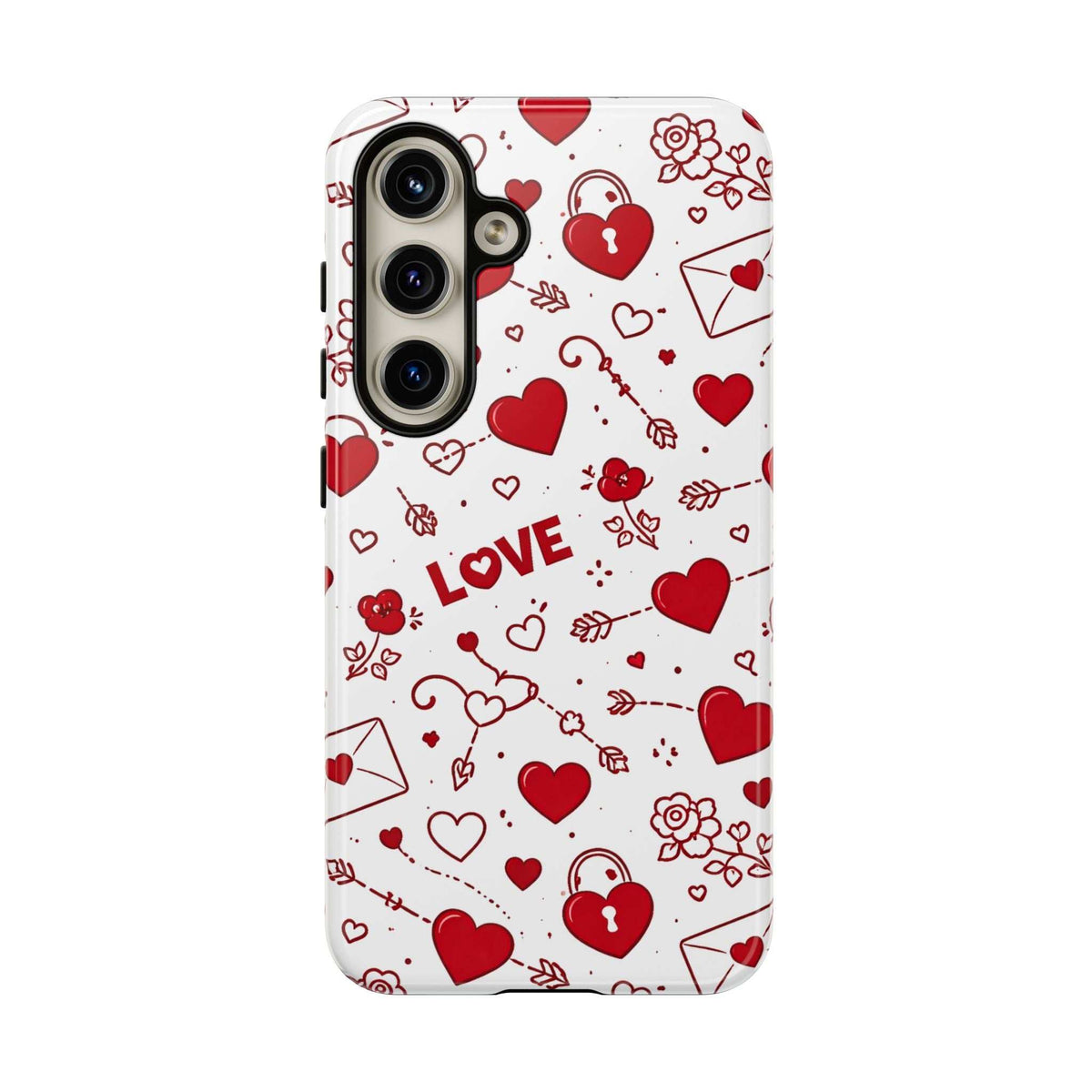 Glossy white phone case with red hearts and love doodle pattern; camera cutouts