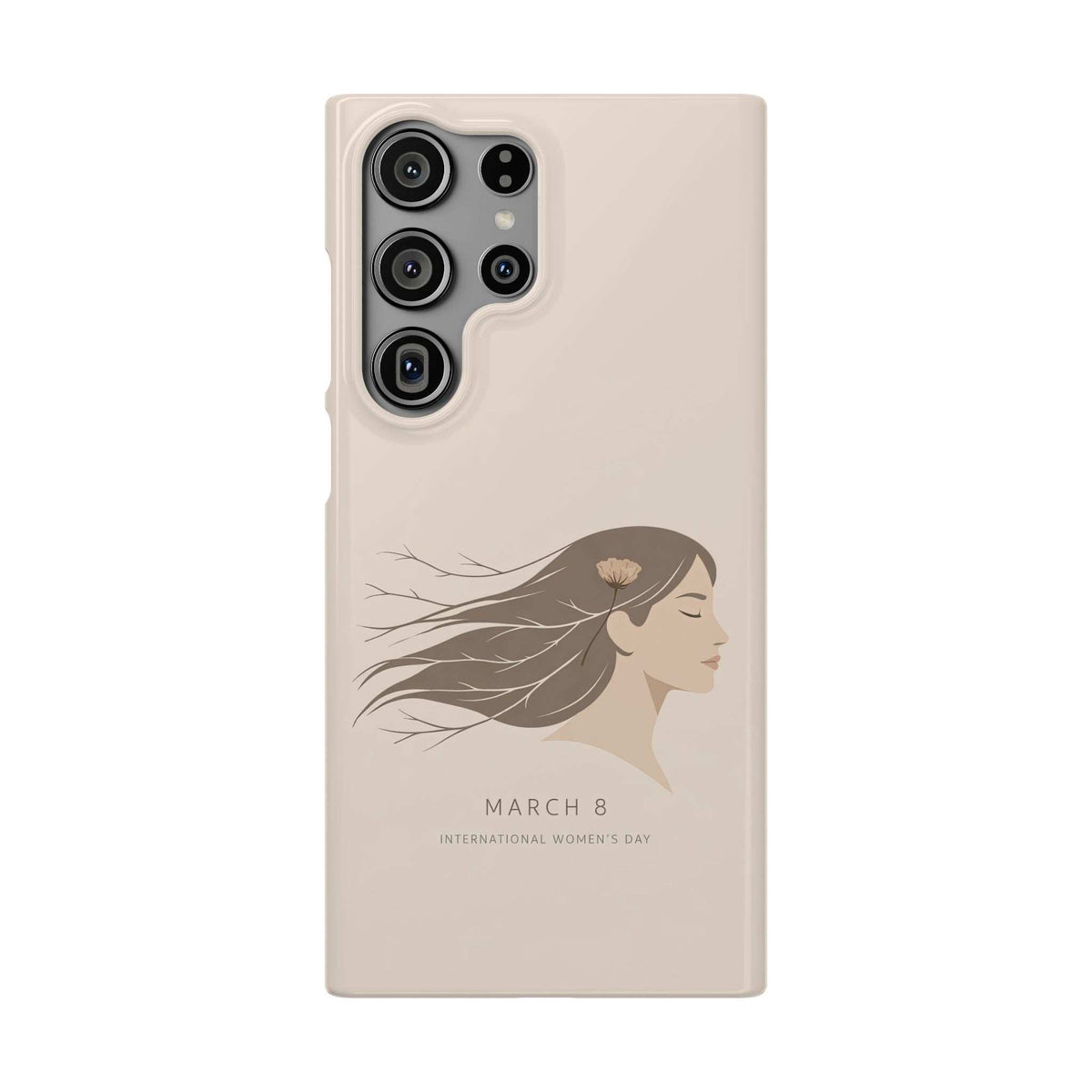 Beige phone case featuring woman profile illustration and March 8 text with quad-lens camera cutouts