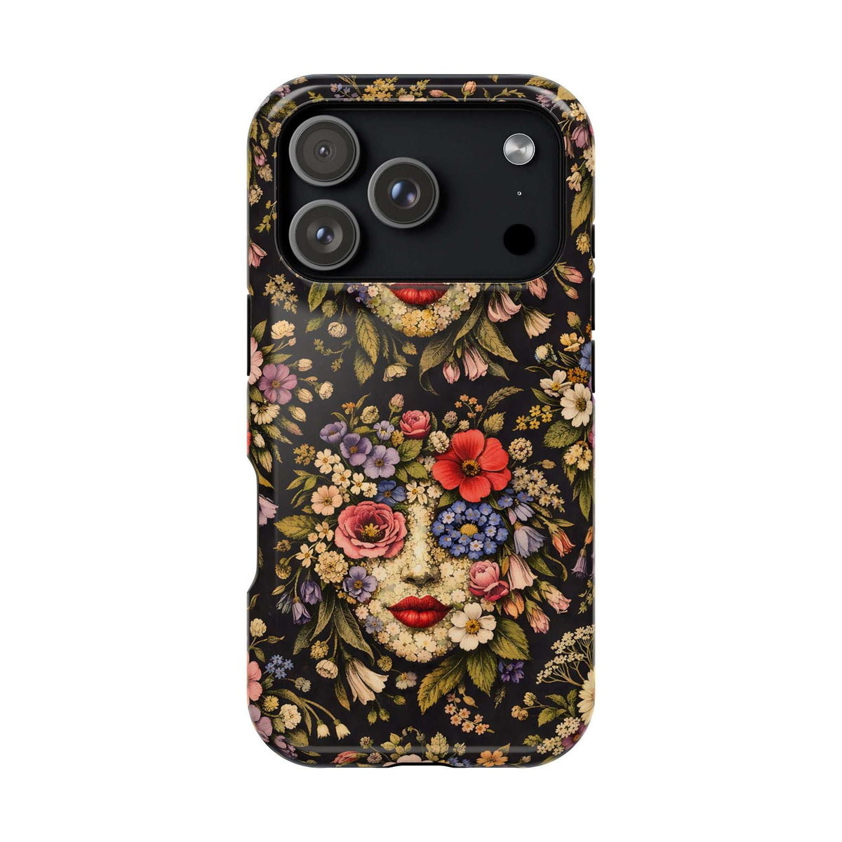 Black floral face phone case with red lips, back camera bar with multiple lenses, floral design