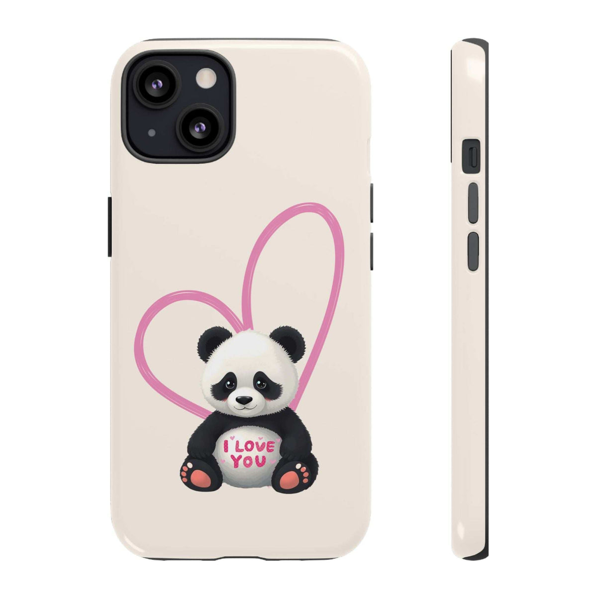 Light cream phone case with panda in pink heart and “I love you” text, camera cutout detail