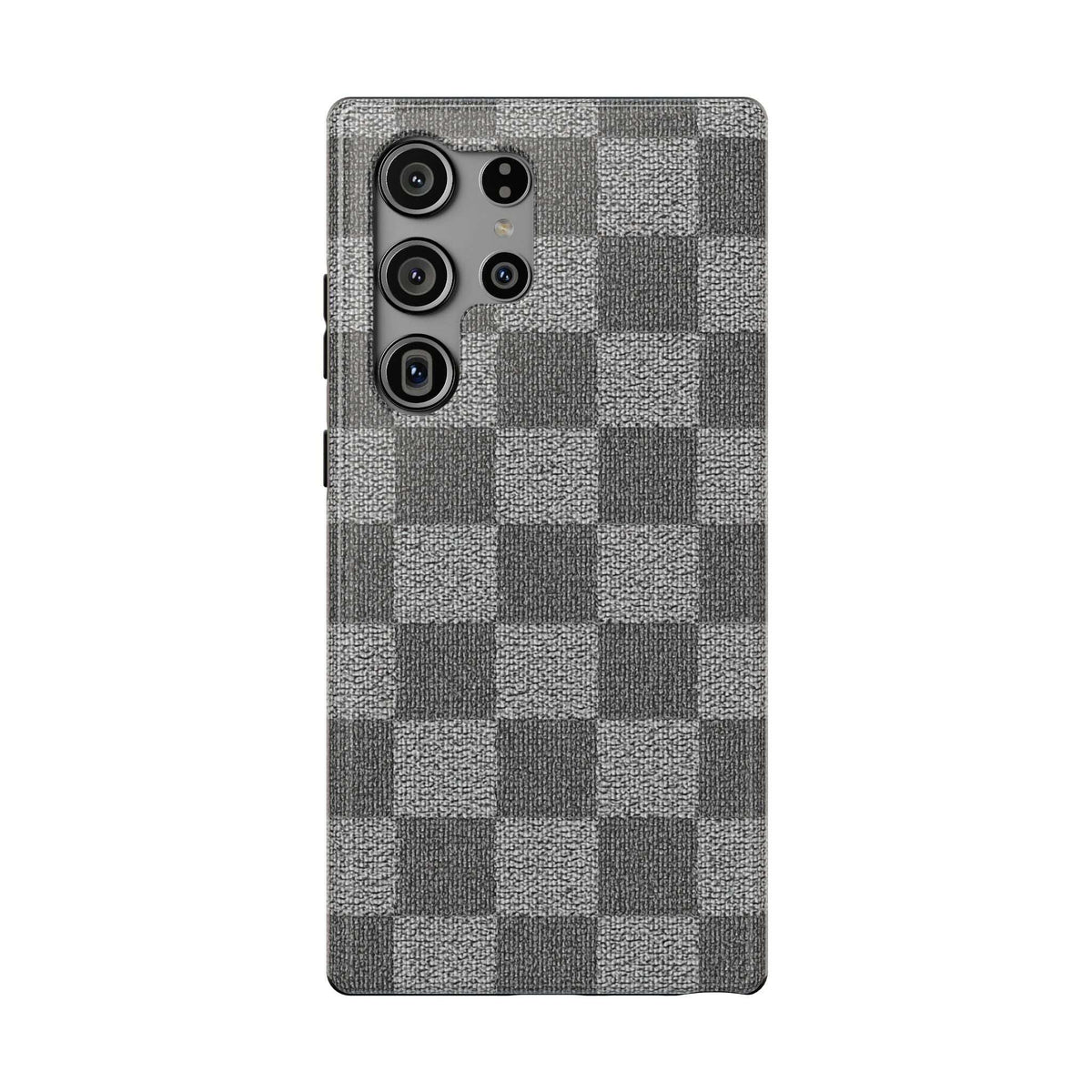 Gray checkered phone case with textured fabric and quad camera cutouts on rear panel.