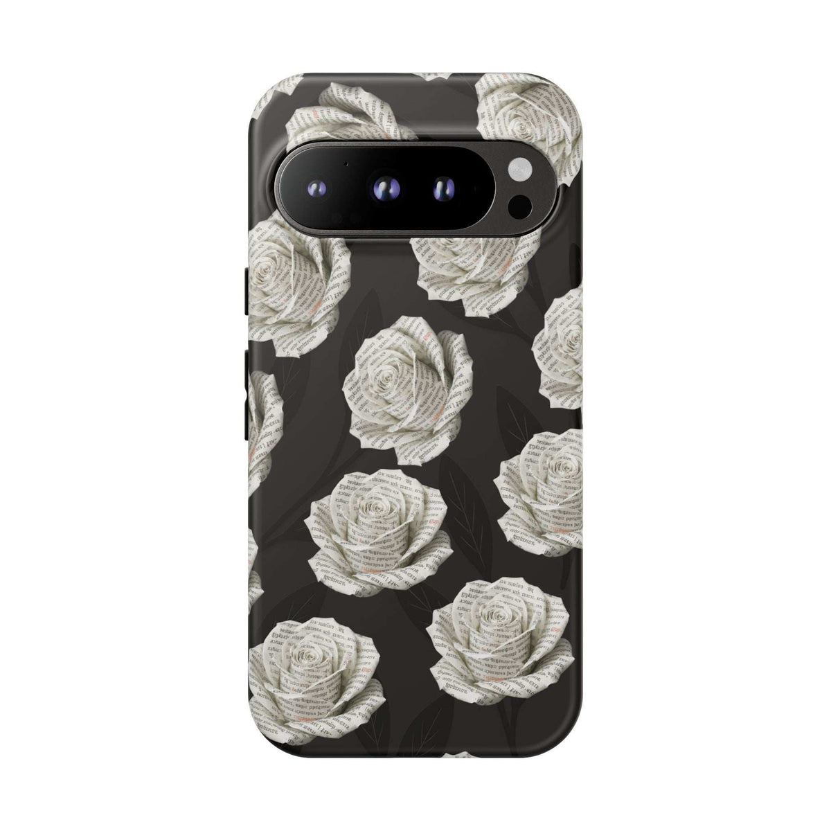 Phone case with black background and white rose pattern; dual-lens camera cutout near the top.