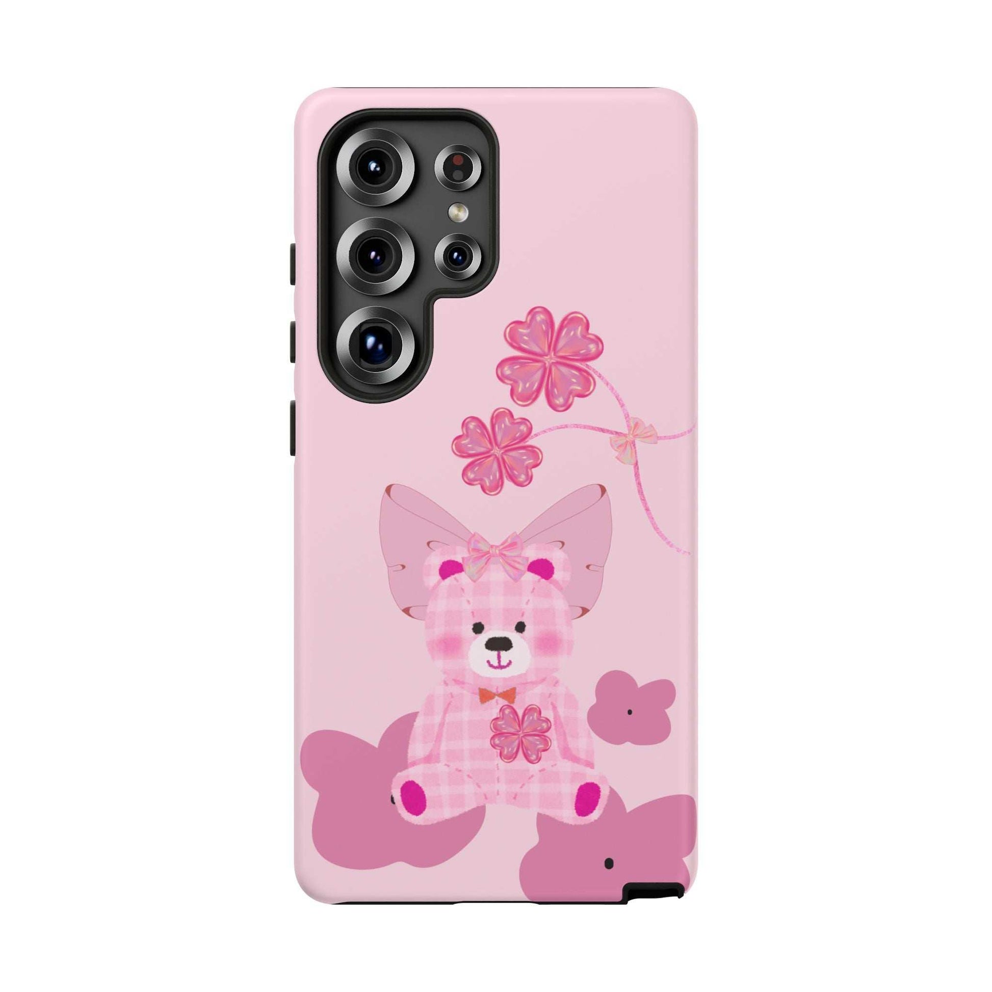 Pink phone case with teddy bear illustration and flower string; back view