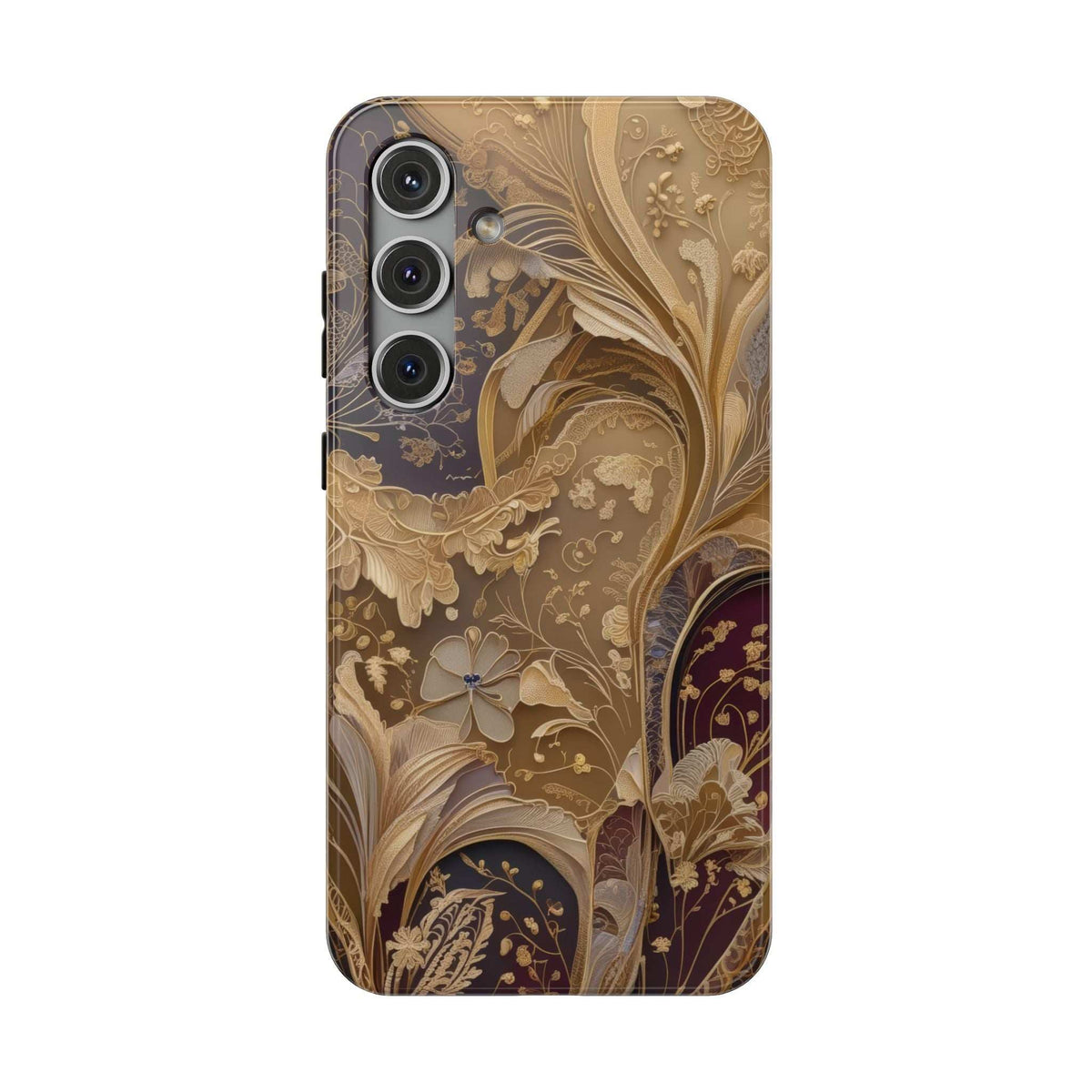 Decorative botanical phone case in tan and dark brown with flower and vine pattern