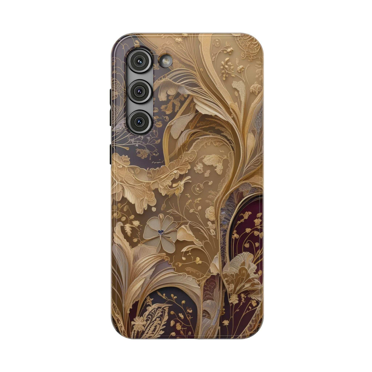 Gold floral botanical phone case with dark accent sections and centered camera openings