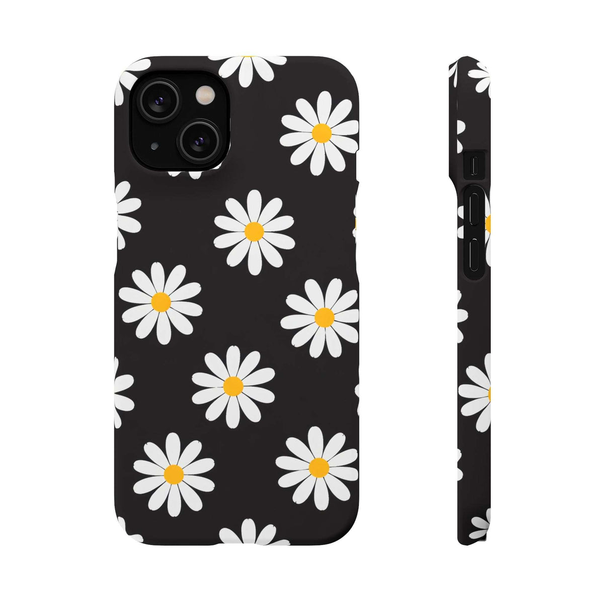 Black phone case with white daisies and yellow centers, back view with side profile.