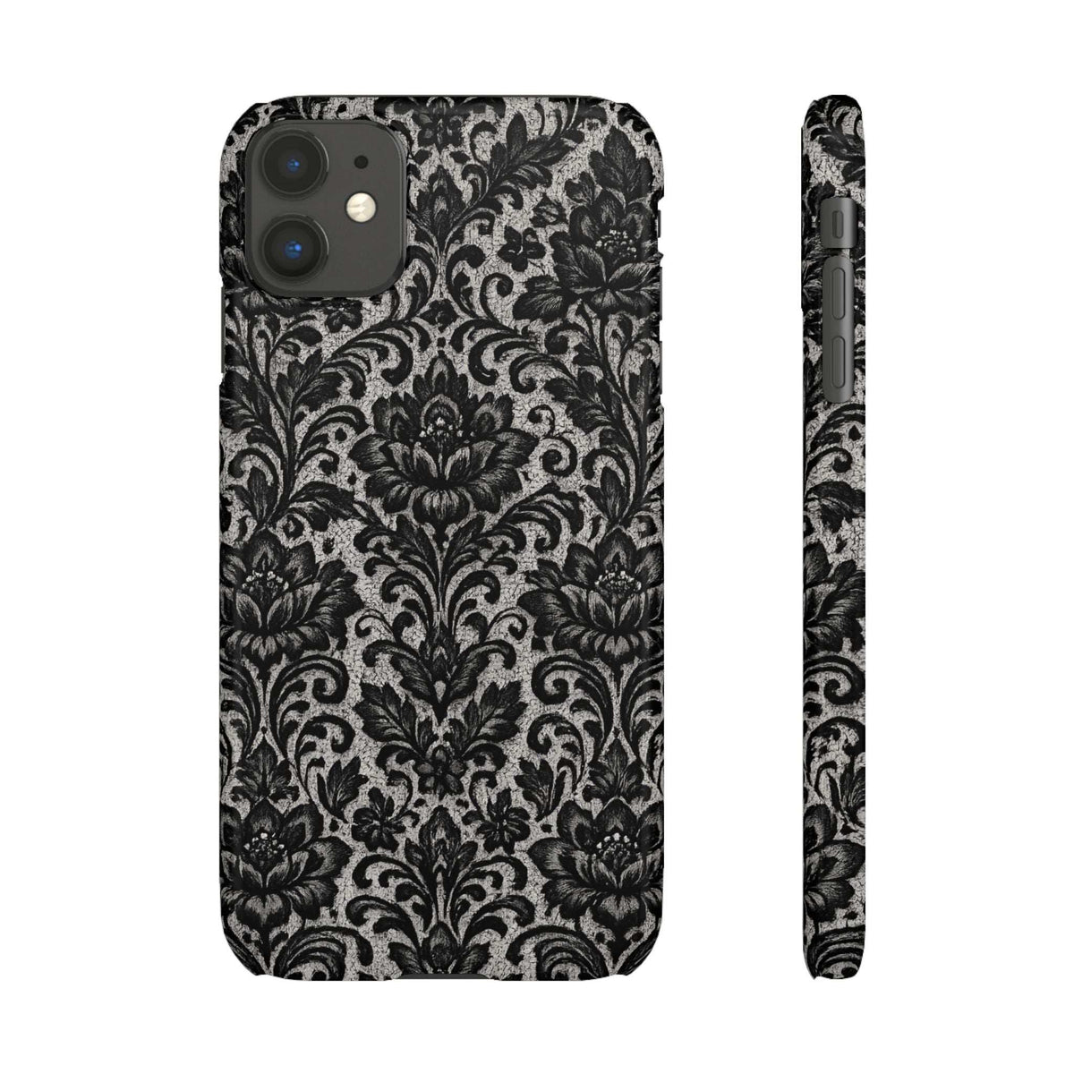 Damask floral phone case shown front and side, black and gray ornate damask print