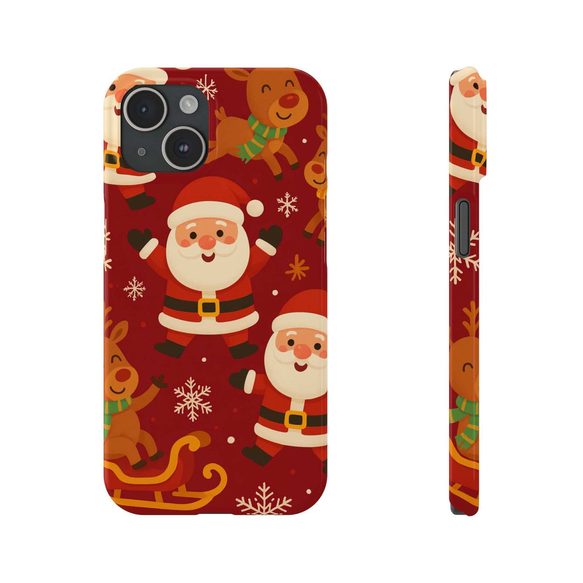 Red holiday phone case with Santa and gingerbread figures; slim side with buttons.