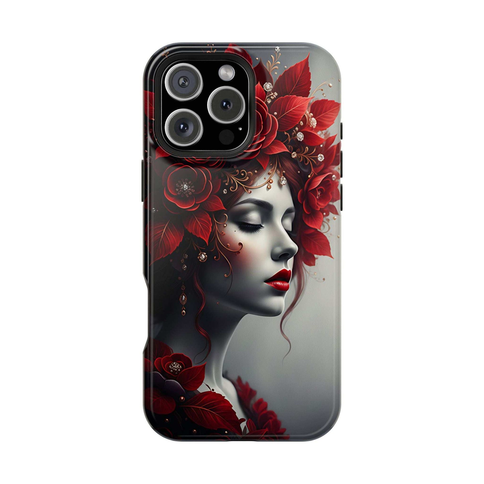 Portrait phone case with red floral artwork and a side-profile woman face; camera openings.