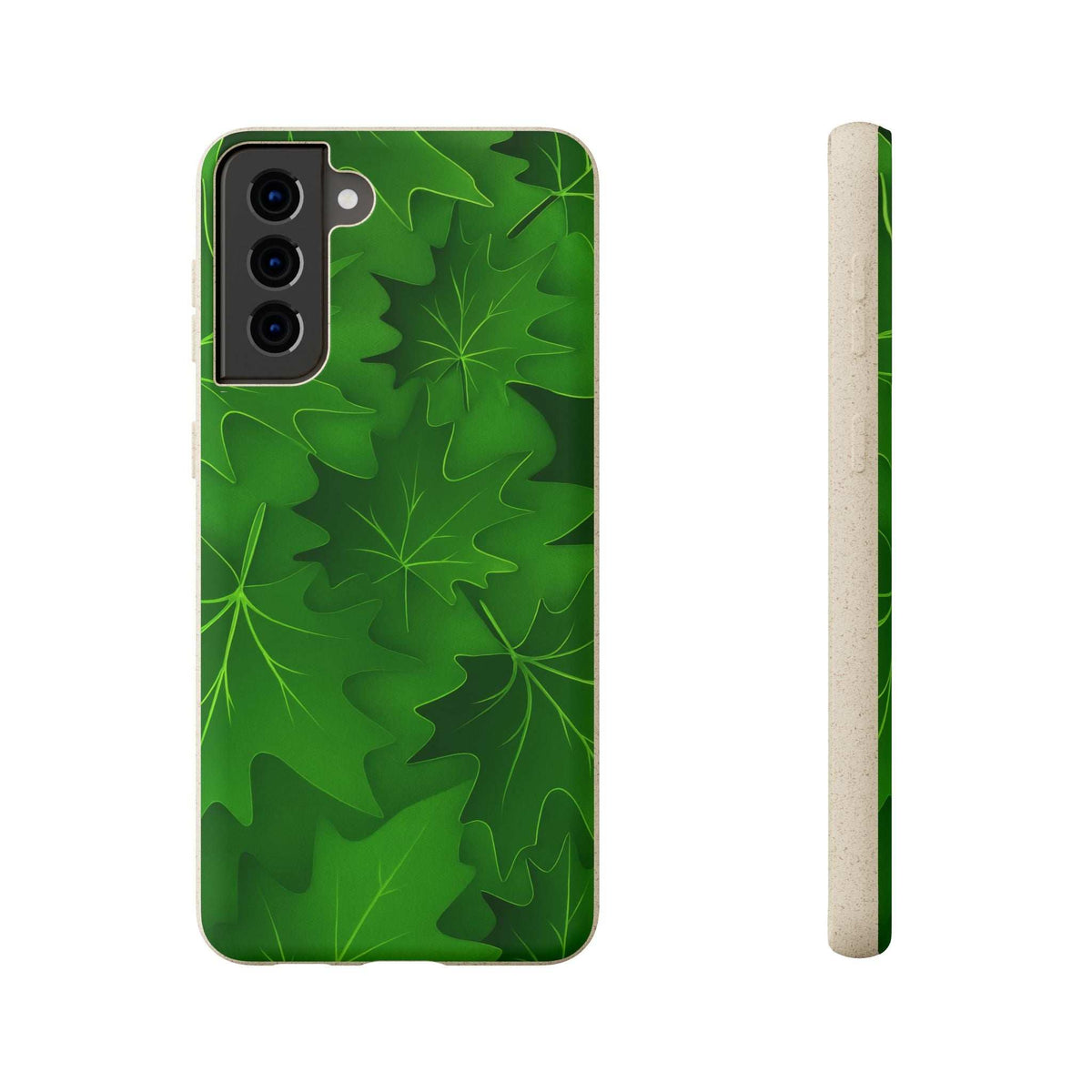 Green phone case with botanical leaf pattern, slim side profile and button cutouts